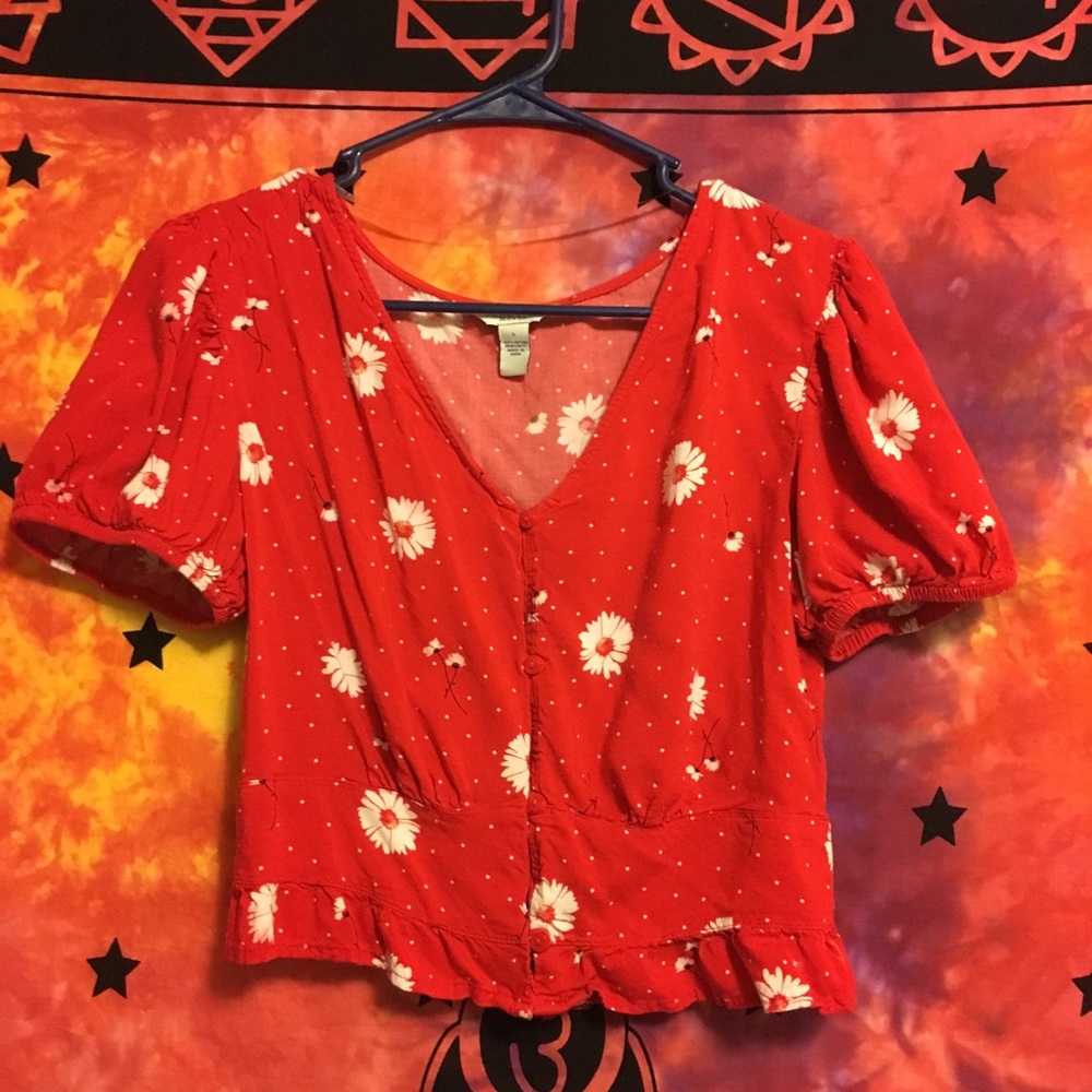 Red  button up Crop top with white flower print